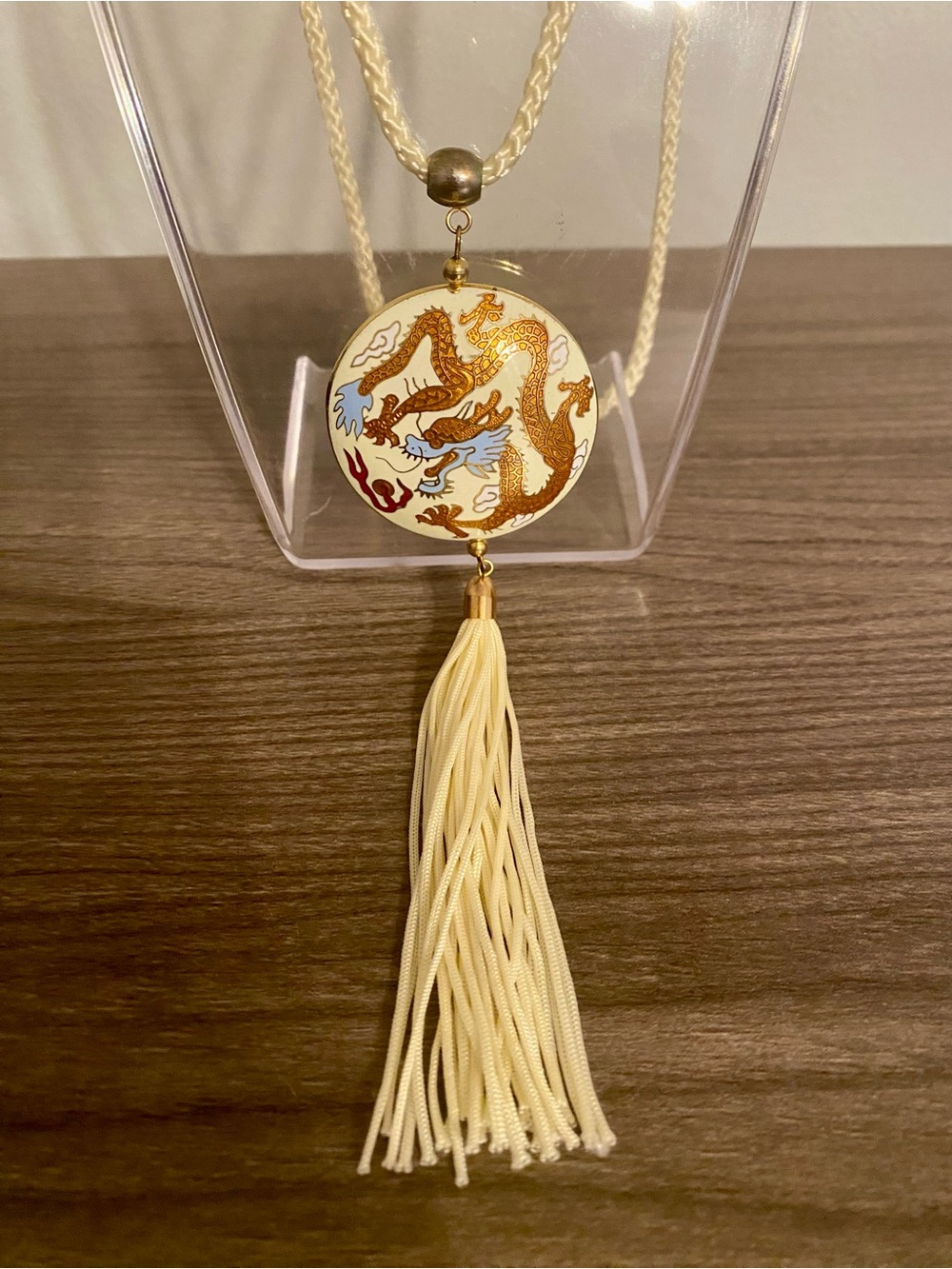 Vintage 70s Gold Dragon Pendant Necklace with Cream Tassel